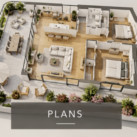 Illustration en perspective d’un appartement contemporain, vignette d’accès aux plans du programme LE 24 TIMBAUD à Issy-les-Moulineaux.